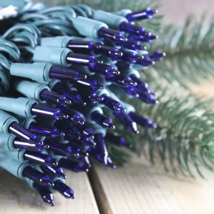 100-bulb Blue Mini Lights, 4" Spacing, Green Wire