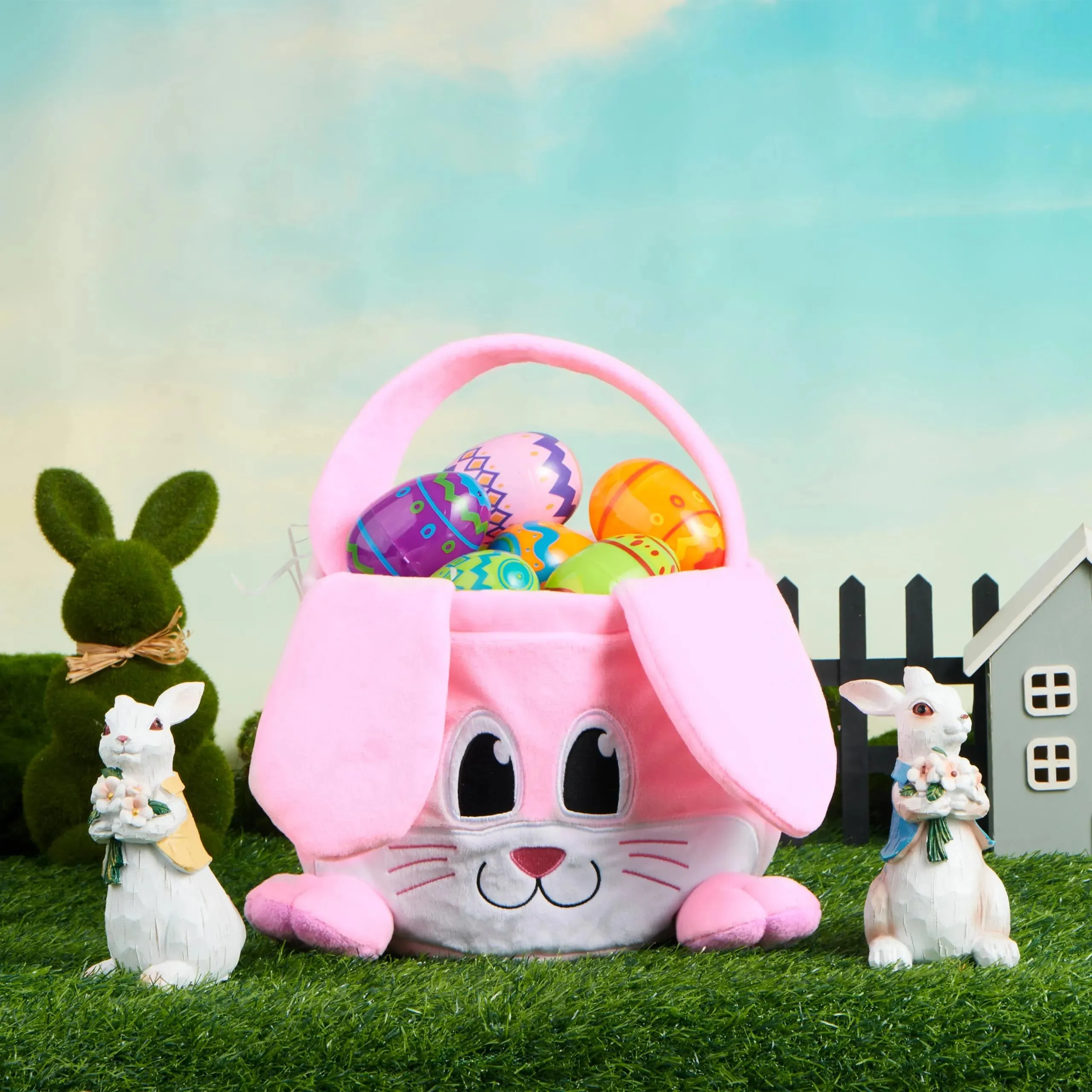 10in× 8in Pink Rabbit Backet with Foldable Ears, Empty Soft Basket with Handle