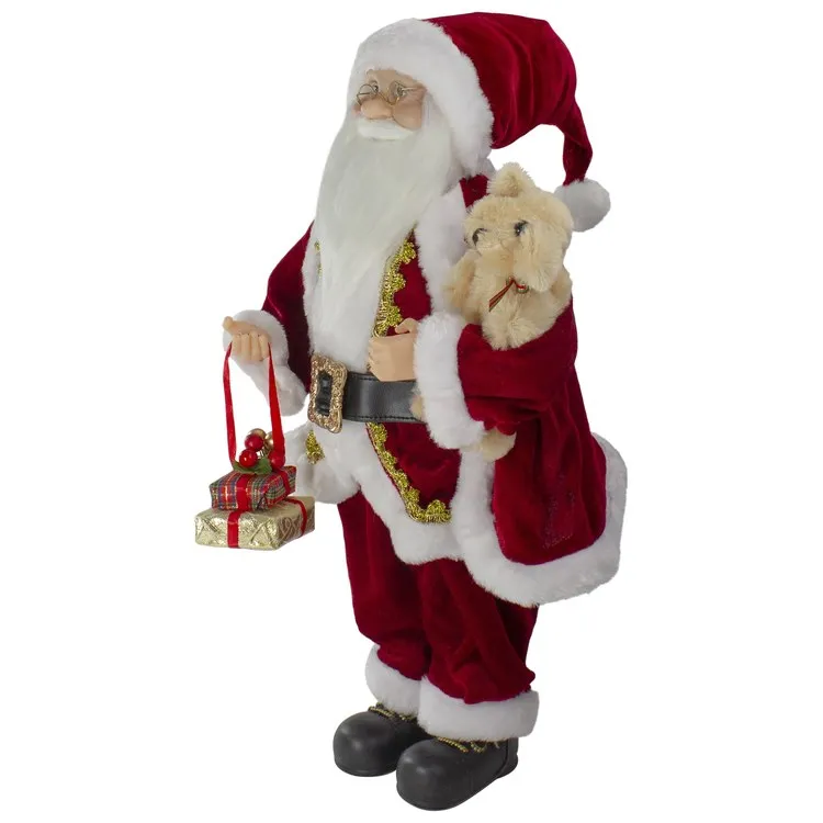 18" Sitting Santa Christmas Figurine with a Plush Brown Bear