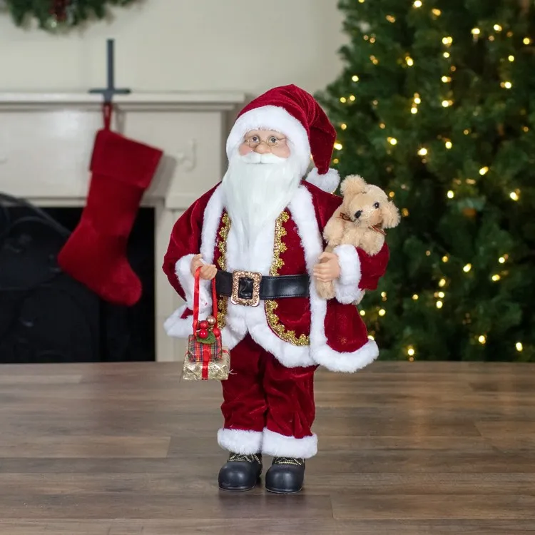 18" Sitting Santa Christmas Figurine with a Plush Brown Bear