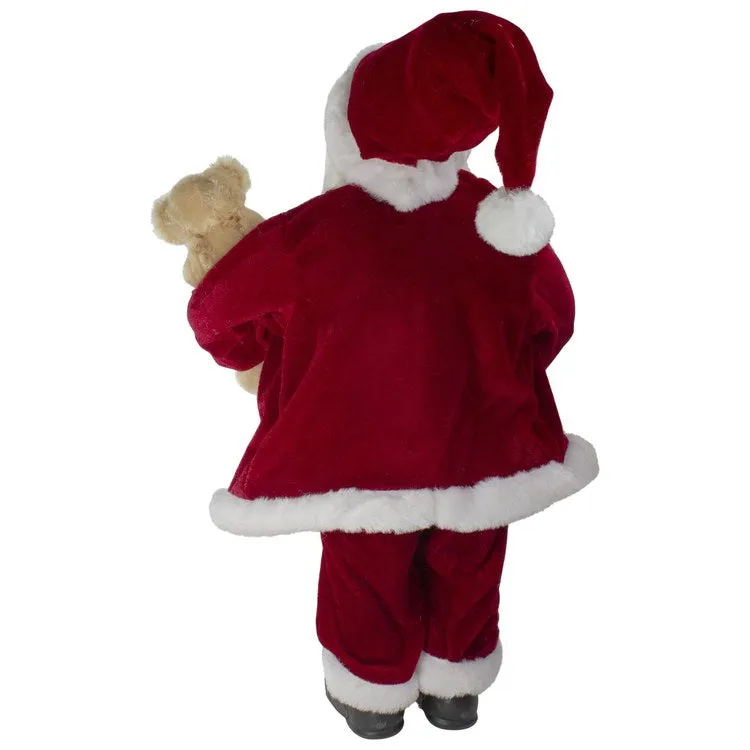 18" Sitting Santa Christmas Figurine with a Plush Brown Bear