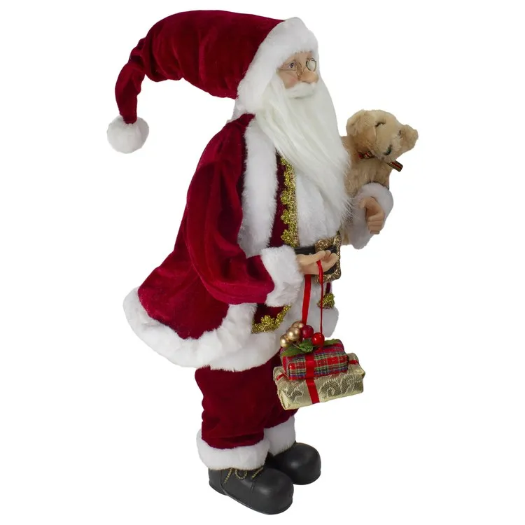 18" Sitting Santa Christmas Figurine with a Plush Brown Bear
