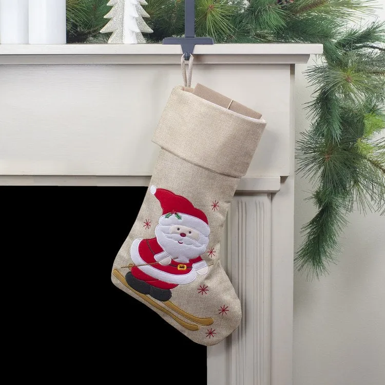 19" Burlap Skiing Santa With Poles and Snowflakes Christmas Stocking