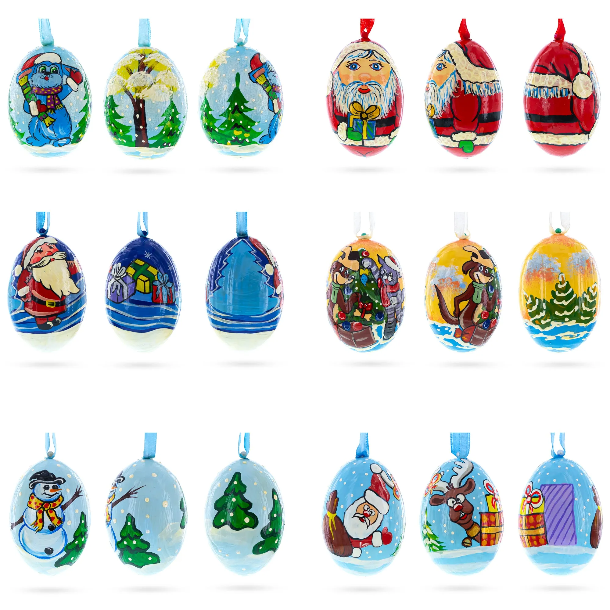 6 Santa, Snowman, Reindeer, Cat and Dog Wooden Christmas Ornaments 3 Inches