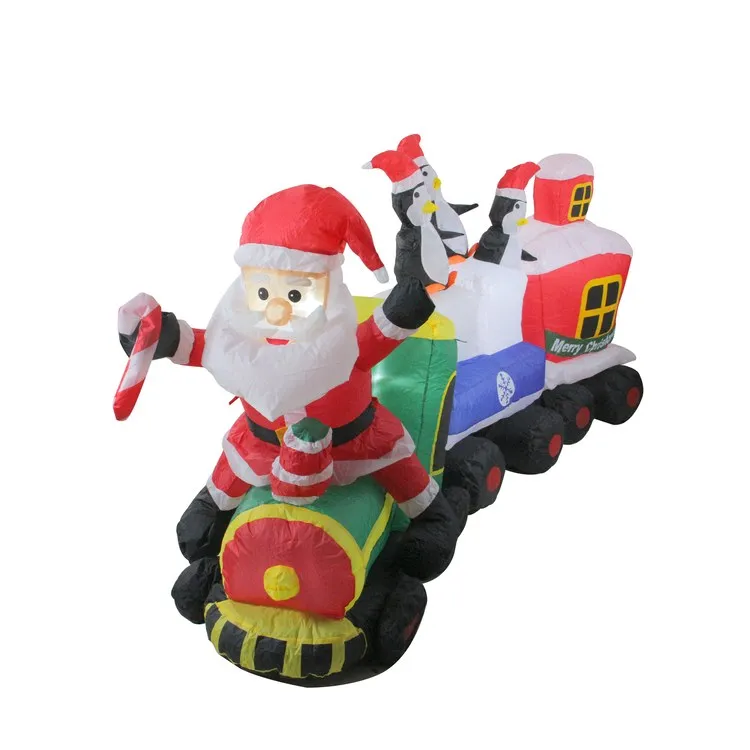 6.5' Lighted Inflatable Red and Green Santa and Penguins on Train Outdoor Christmas Decoration