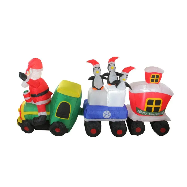6.5' Lighted Inflatable Red and Green Santa and Penguins on Train Outdoor Christmas Decoration
