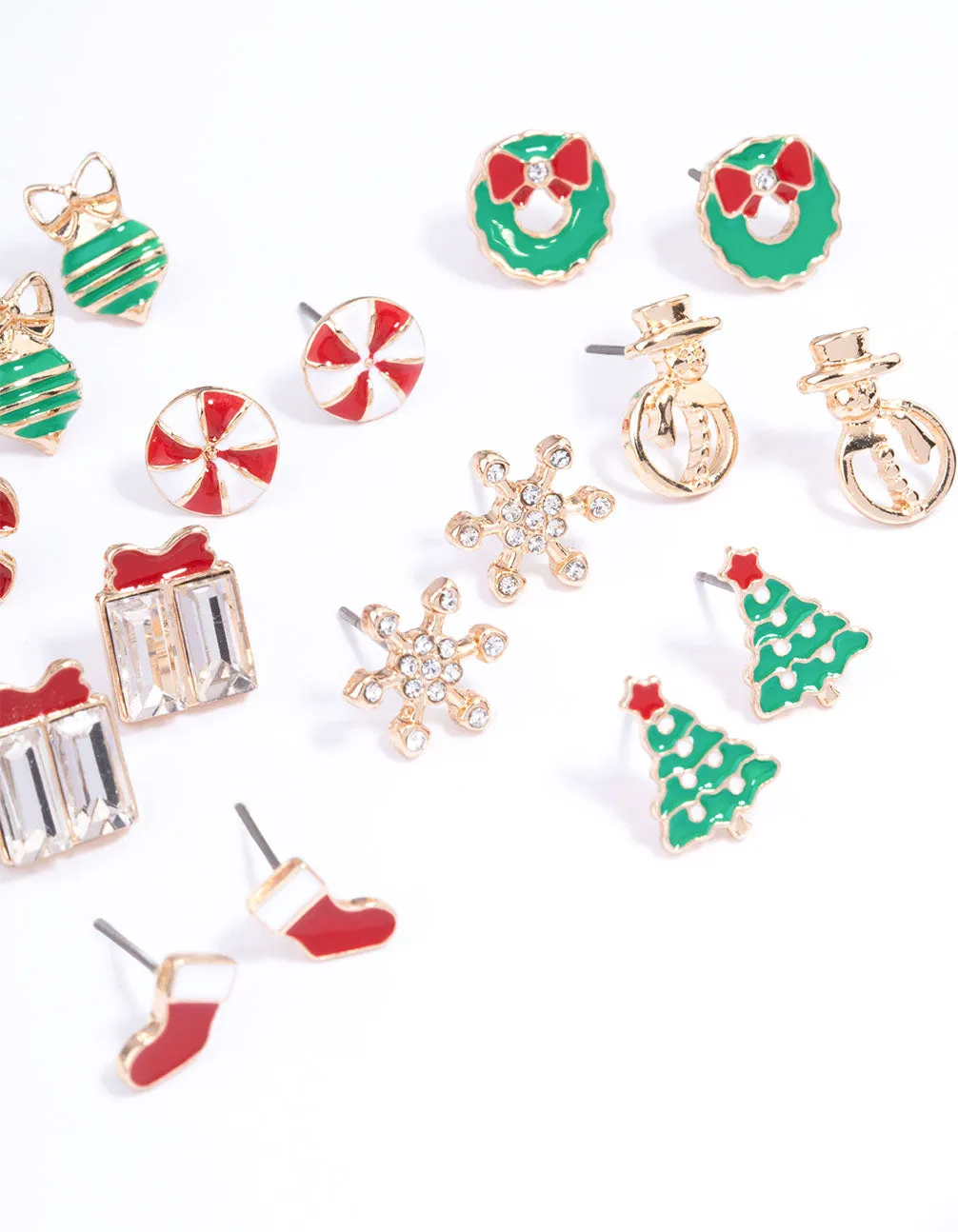 Gold Candy Cane & Bow Stud Earrings 12-Pack