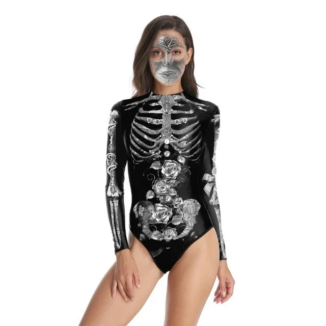 Halloween Costumes Vintage Skeleton Rose Scary Costumes Skinny Jumpsuit Bodysuit 2019 halloween