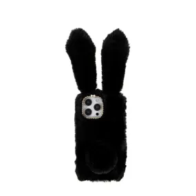 iPhone 14 Pro Max 3D Rubber Plush Case Cover Bunny with Fluffy Bunny Ears - Black