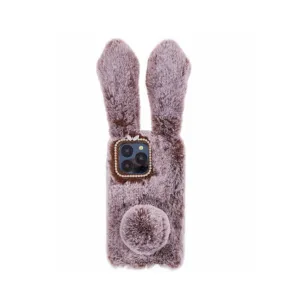 iPhone 15 Pro 3D Rubber Plush Case Cover Bunny with Fluffy Bunny Ears - Brown