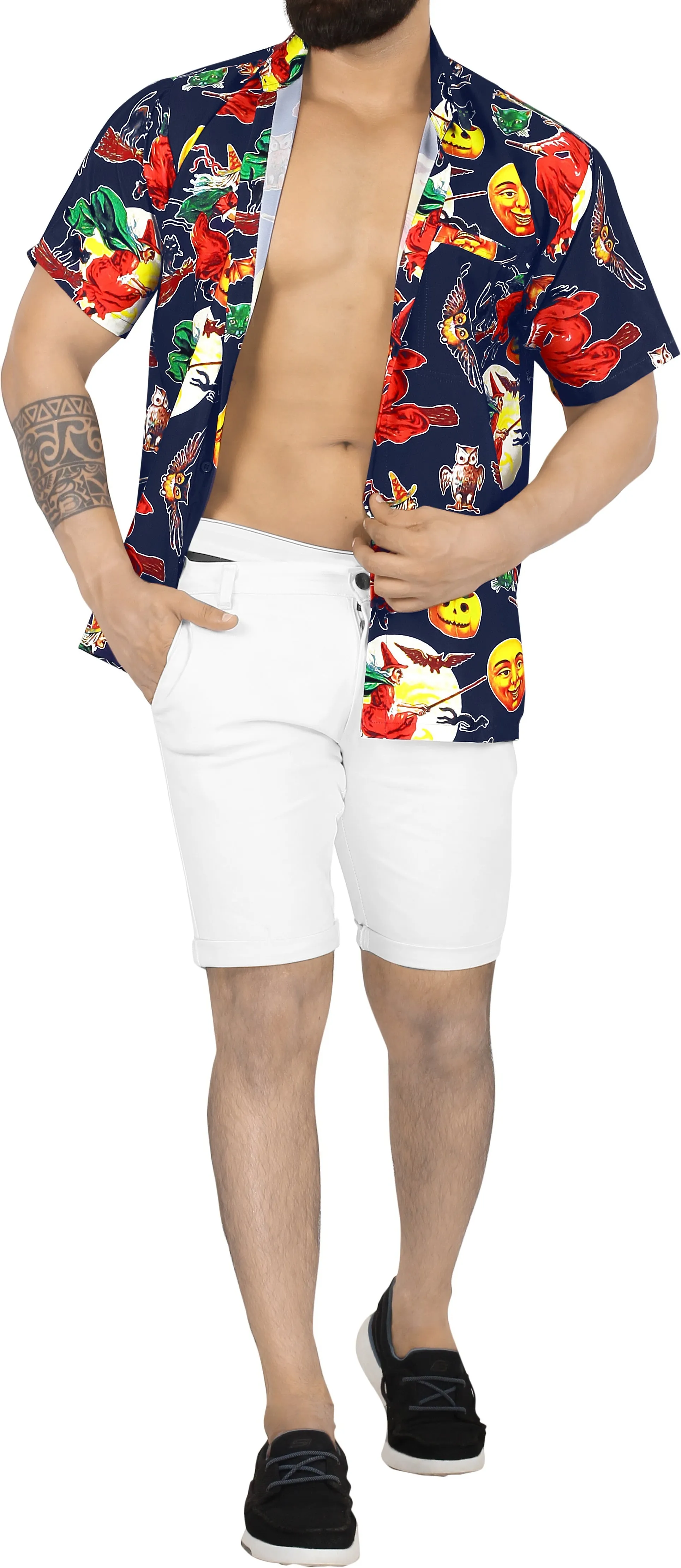La Leela Halloween Men's Pumpkin And Scary Witch Printed Navy Blue Shirt