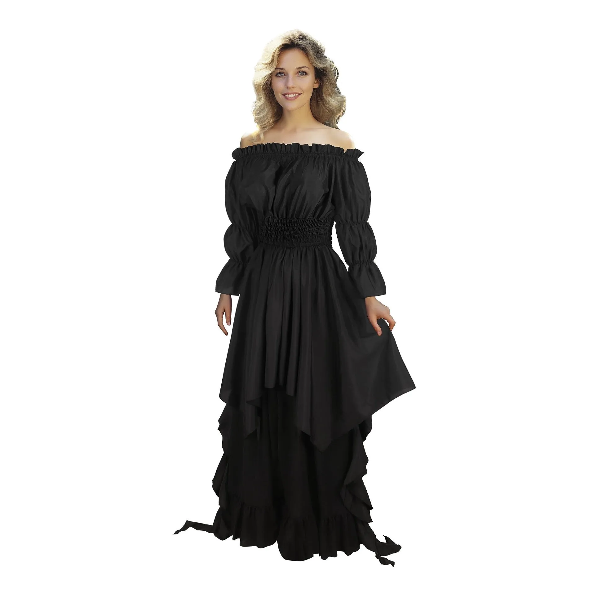 Medieval Strapless Dress-Victorian Elastic Waist Witch Dress Renaissance High-Low Maxi Dresses