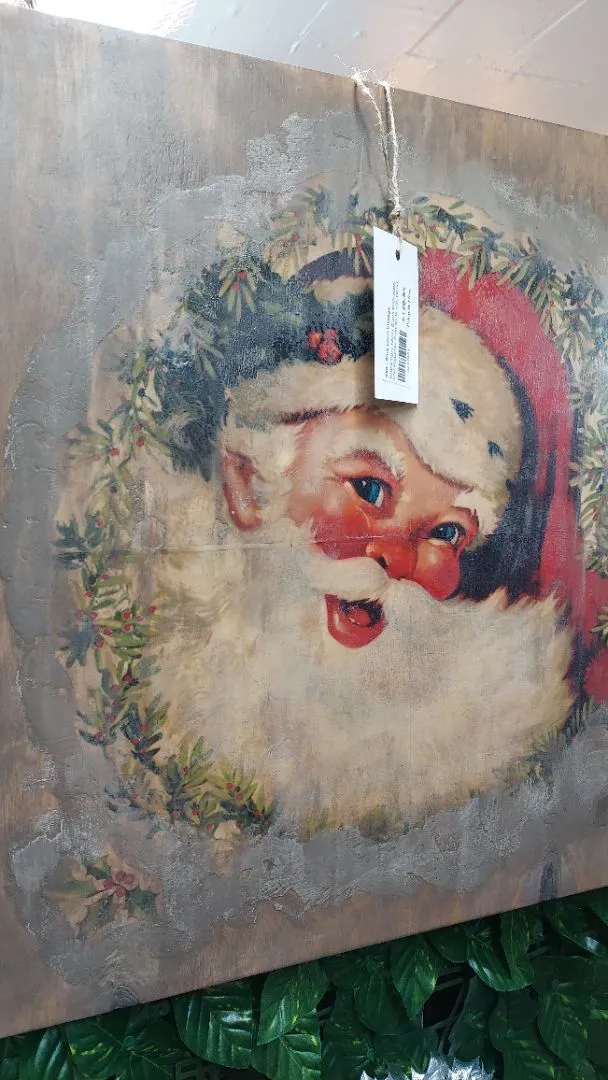 Midcentury Santa Claus With Holly and Mistletoe Print on Rustic Wood. Christmas Wall Art