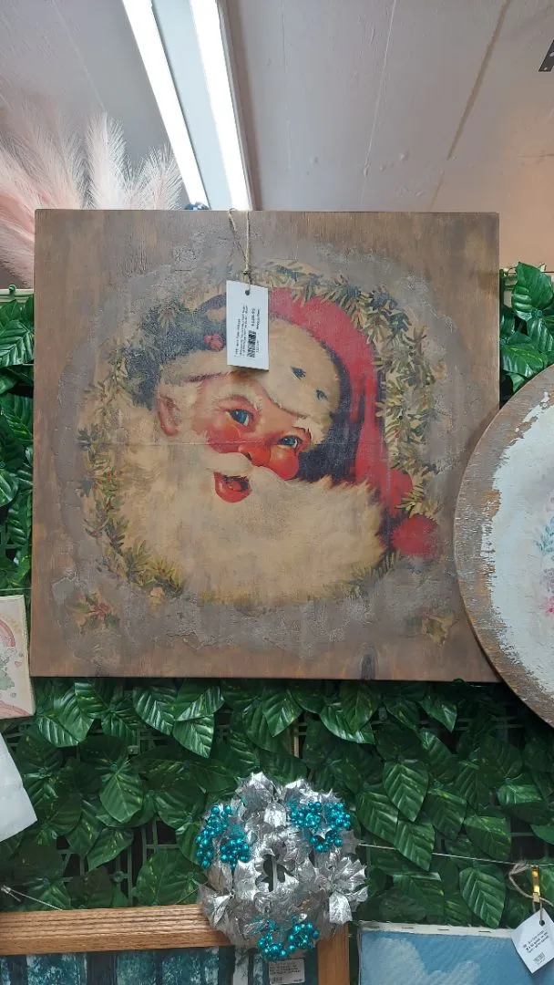 Midcentury Santa Claus With Holly and Mistletoe Print on Rustic Wood. Christmas Wall Art