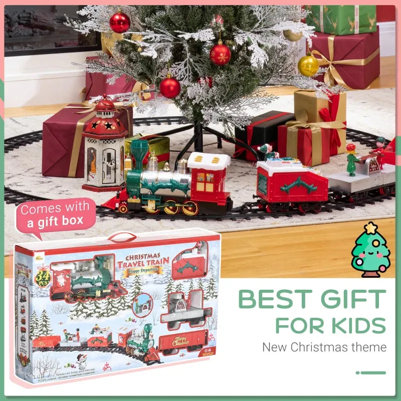 Qaba Electric Train Set for Kids, Battery-Powered Christmas Train Toy Set with Sounds & Lights, Classic Toy Train Set with Gifts Box for 3-8 Years Old Boys Girls, Red
