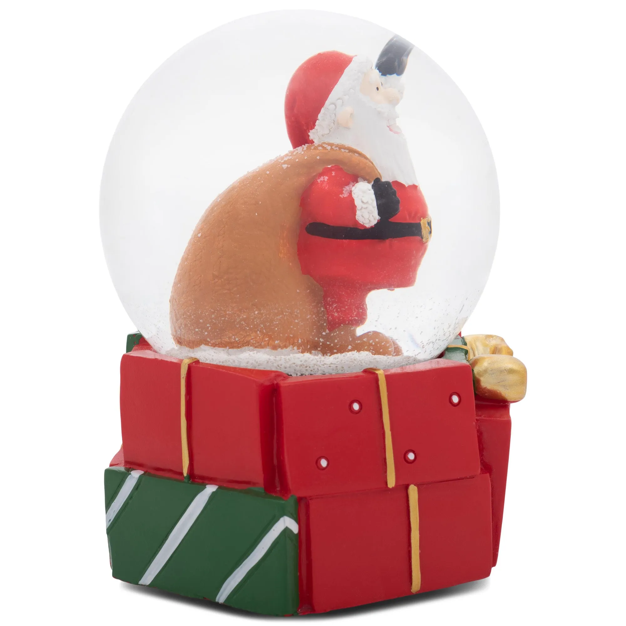 Santa Presents Red 5.5 x 4.3 Resin Snow Globe Plays Jolly Old Saint Nicholas