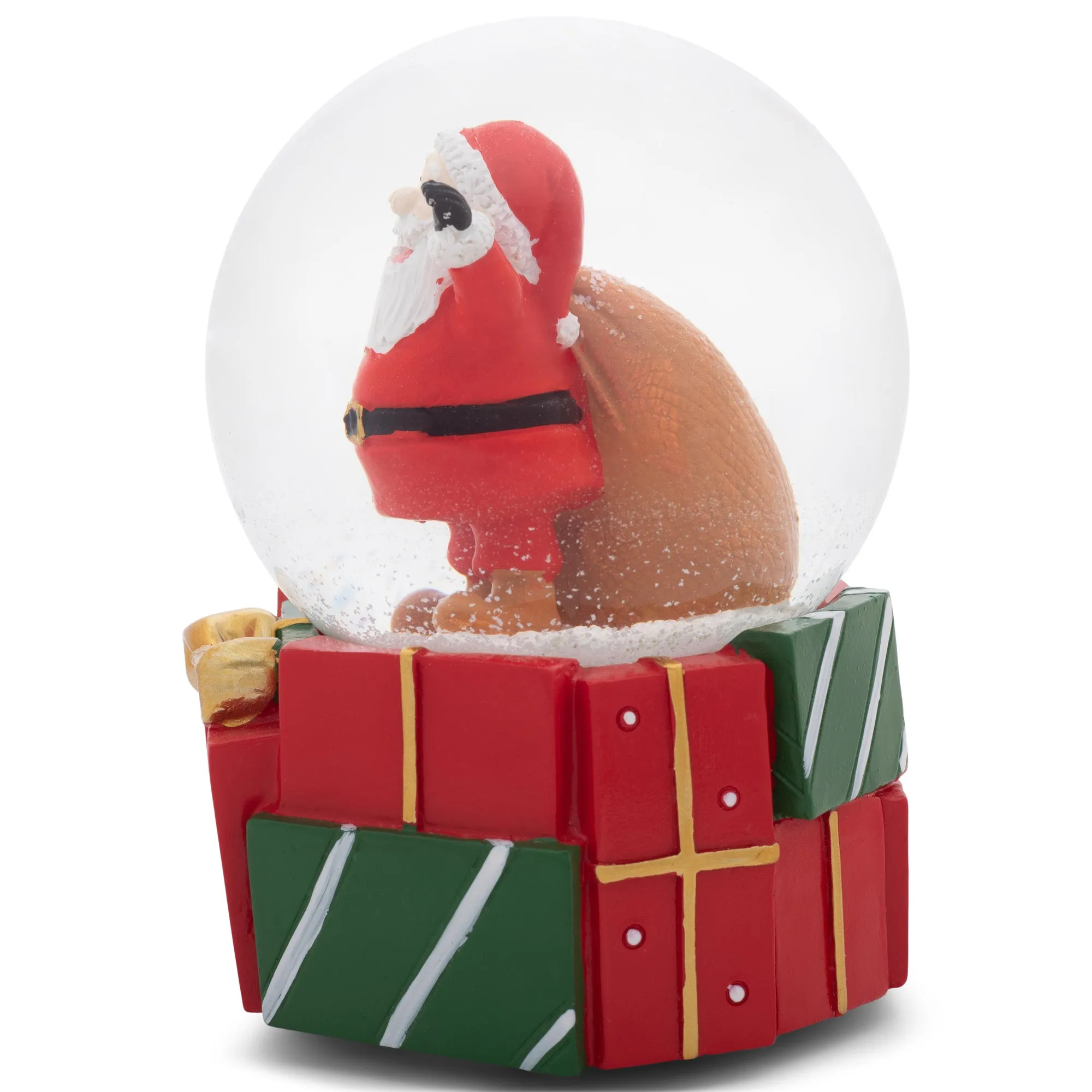 Santa Presents Red 5.5 x 4.3 Resin Snow Globe Plays Jolly Old Saint Nicholas