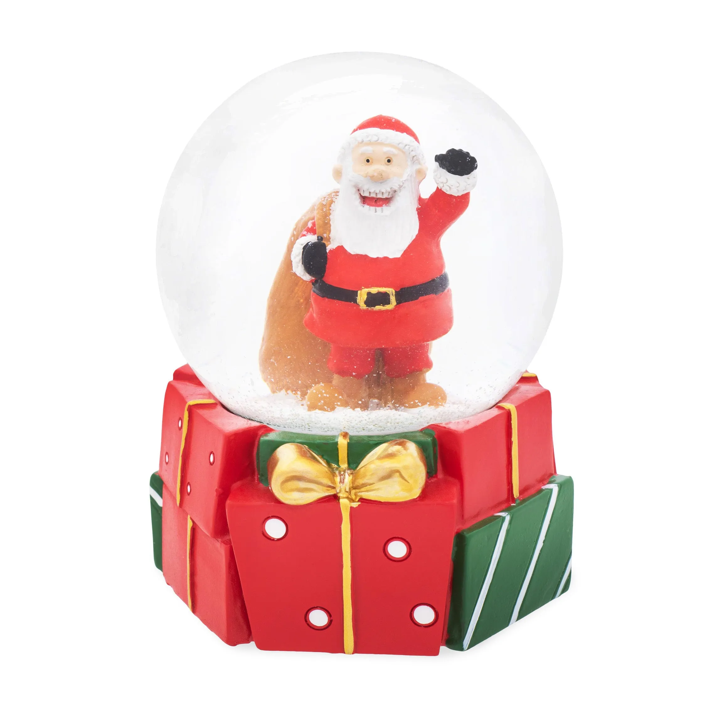 Santa Presents Red 5.5 x 4.3 Resin Snow Globe Plays Jolly Old Saint Nicholas