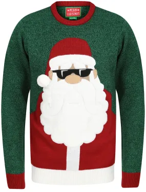 Santa Sunglasses Novelty Christmas Jumper With Faux Fur Applique in Green - Merry Christmas