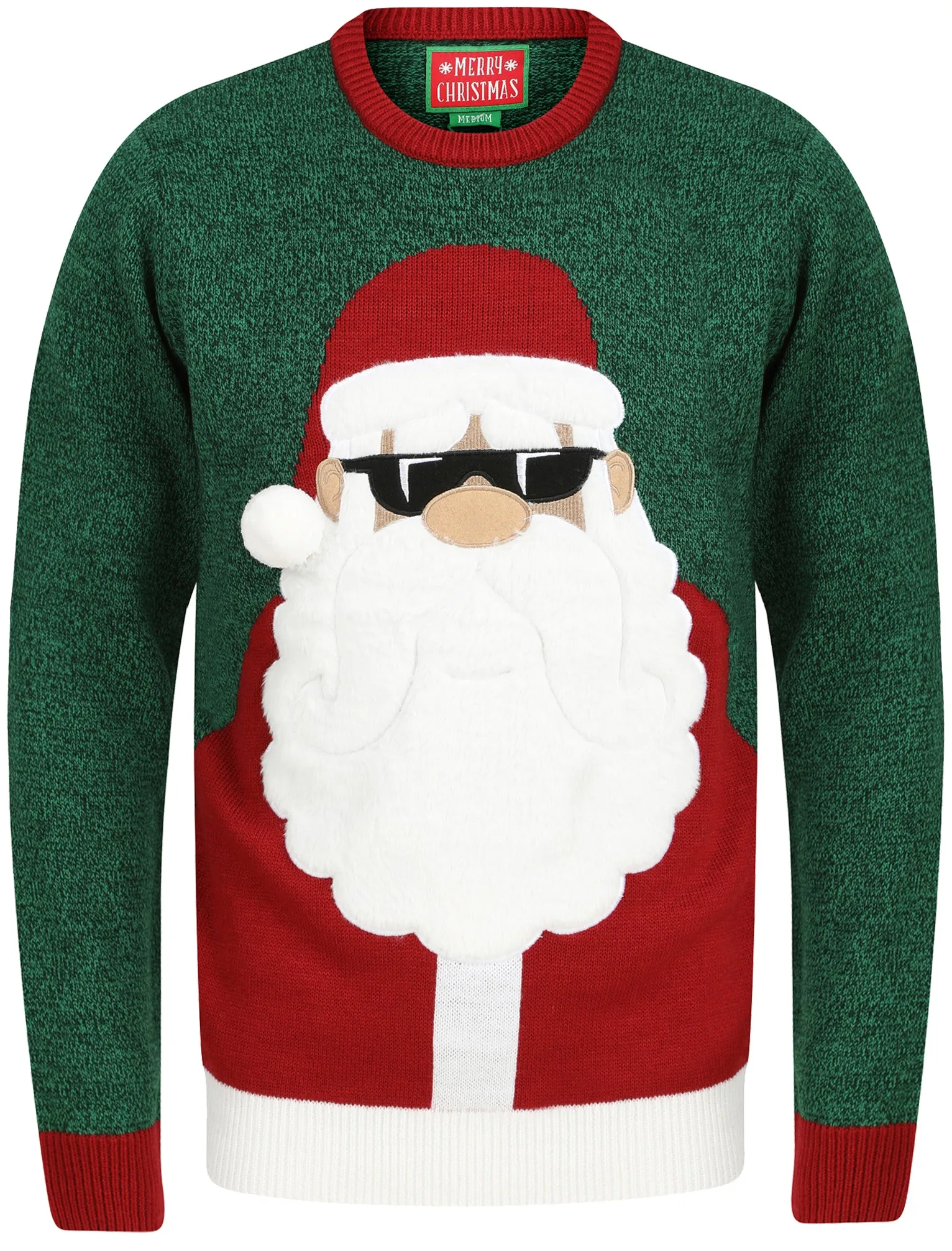 Santa Sunglasses Novelty Christmas Jumper With Faux Fur Applique in Green - Merry Christmas