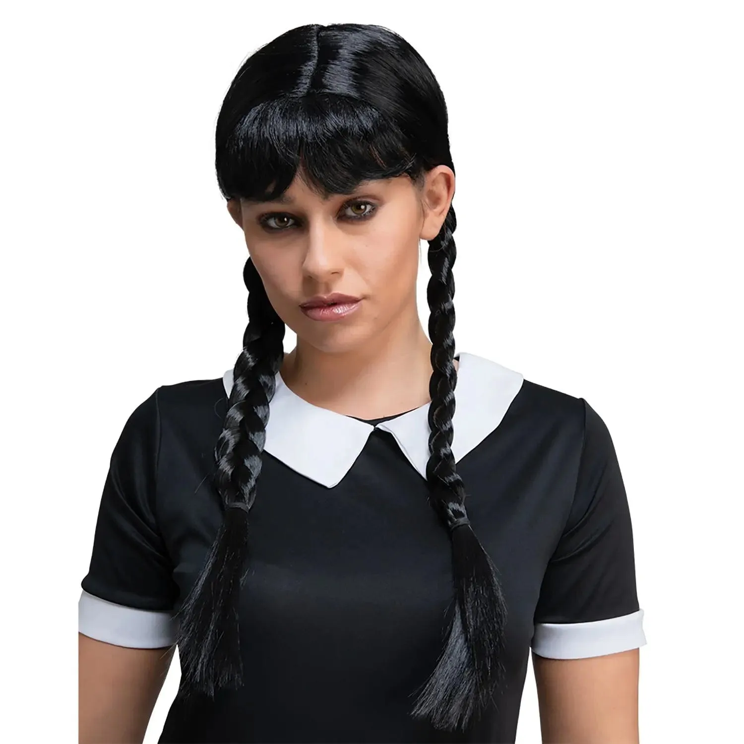 Scary Schoolgirl Wig Long Black Braided Hair Plaits Fancy Dress