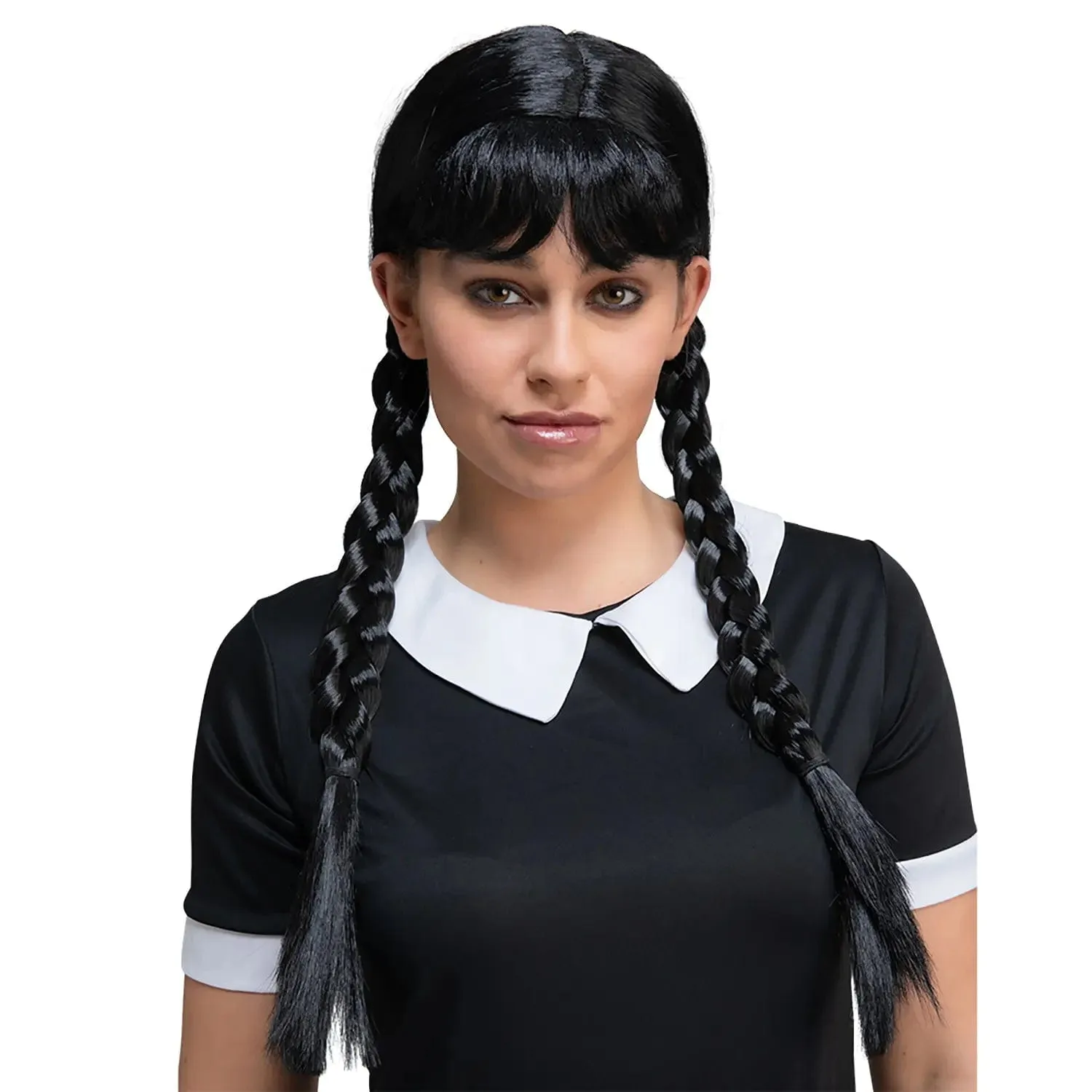 Scary Schoolgirl Wig Long Black Braided Hair Plaits Fancy Dress