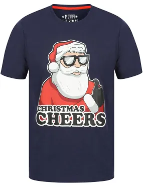 Thumbs Up Motif Novelty Cotton Christmas T-Shirt in Eclipse Blue - Merry Christmas